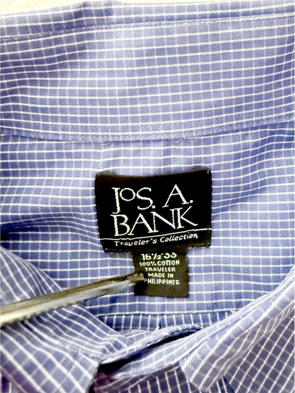 Jos A Bank Traveler Shirt Men 16.5 33 Blue Check Button Down Dress Cotton - Picture 9 of 9